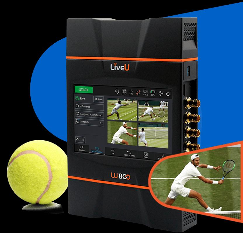 LiveU LU800 multi-camera field unit with its touchscreen showing a four-camera tennis production, pictured with a tennis ball and player